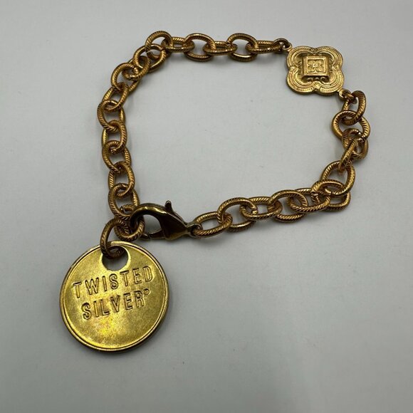 Twisted Silver Brand Bracelet Gold Tone Chain Link Medallion Charm 7.5 Inch - Picture 2 of 8